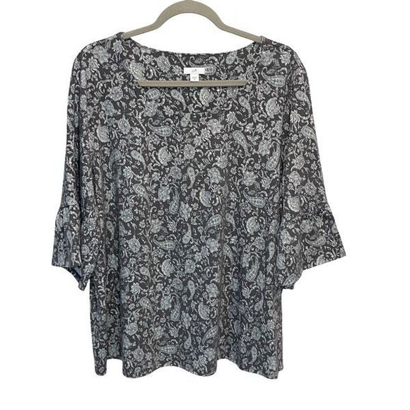 J. Jill Tops - J. Jill Womens Paisley Floral Bell 3/4 Sleeve Boho Top Tunic Gray White Size 2X